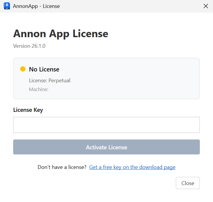 Annon App License window in Revit, with a License Key field and Activate License button