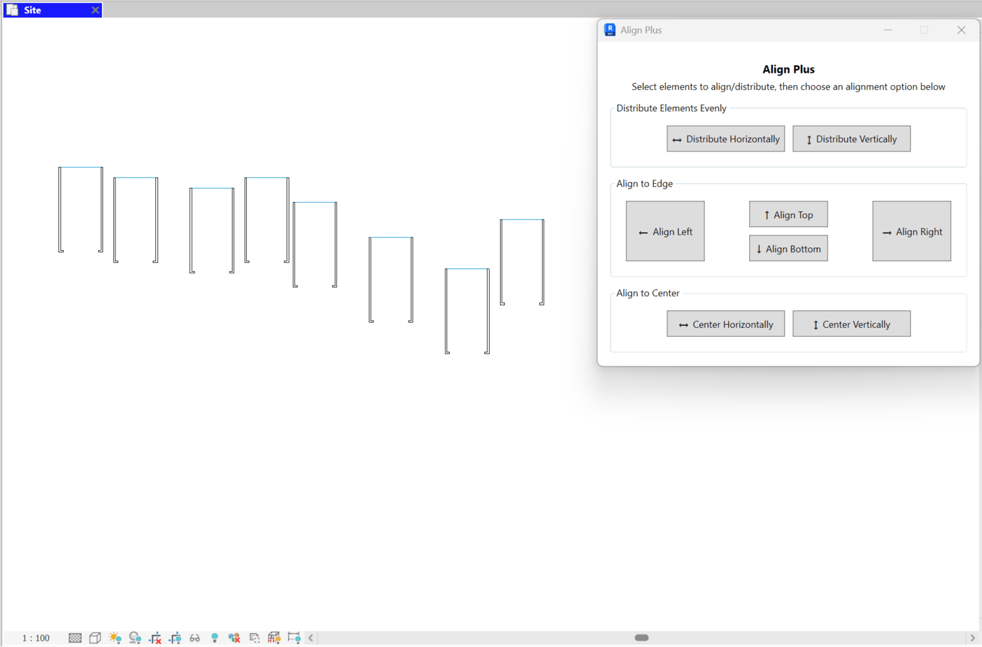 Align Plus dialog with options to select elements, choose alignment mode, and apply changes