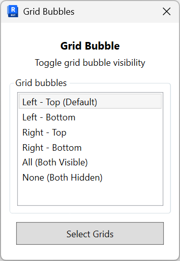 Grid Bubble dialog with options: Left - Top (Default), Left - Bottom, Right - Top, Right - Bottom, All (Both Visible), None (Both Hidden), and a Select Grids button