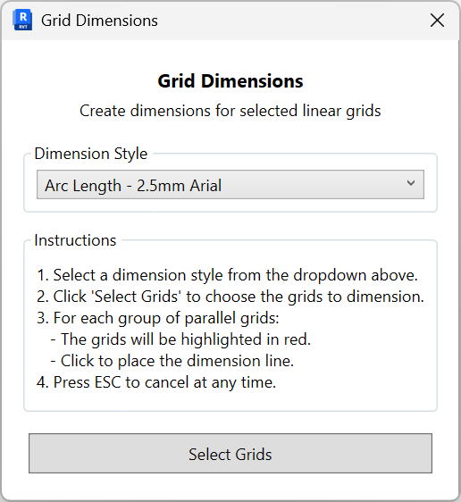 Grid Dimensions dialog with a Dimension Style dropdown, step-by-step instructions, and a Select Grids button