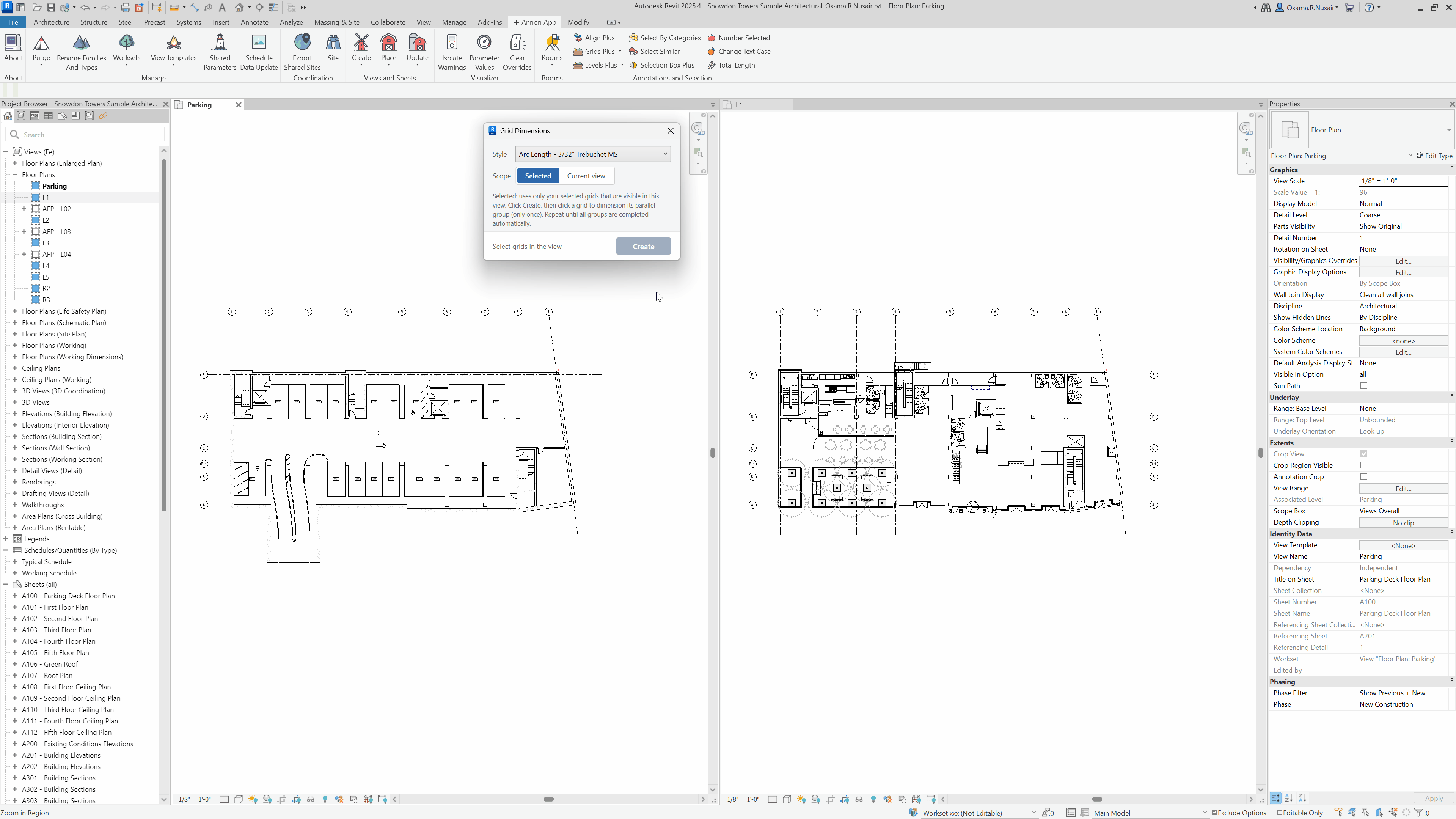 Grids Dimensions placing dimensions between parallel grids