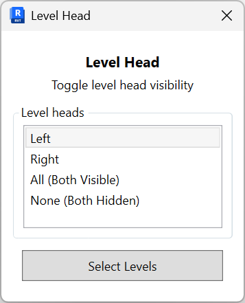 Level Head dialog with options: Left, Right, All (Both Visible), None (Both Hidden), and a Select Levels button