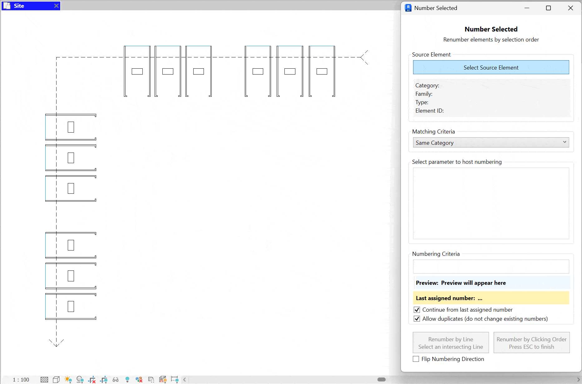 Number Selected dialog showing source element pick, matching criteria, parameter selection, numbering criteria with preview and options, and actions to renumber by line or clicking order