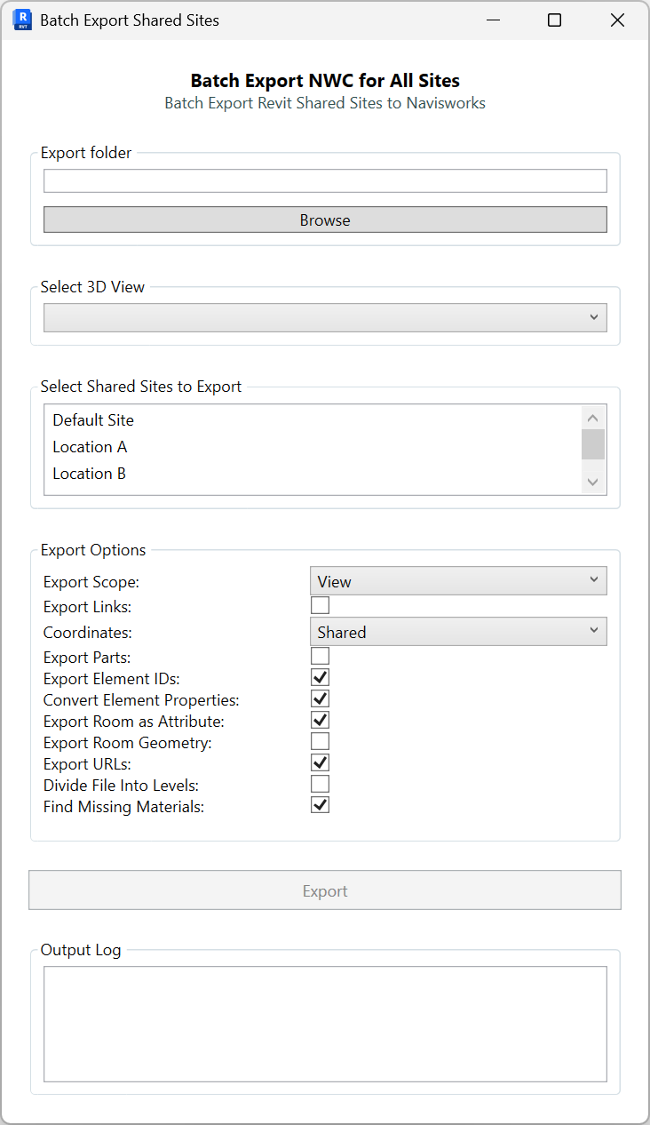Batch Export NWC for All Sites: choose export folder, 3D view, shared sites list, Navisworks export options (scope, links, coordinates, properties), Export button, and output log