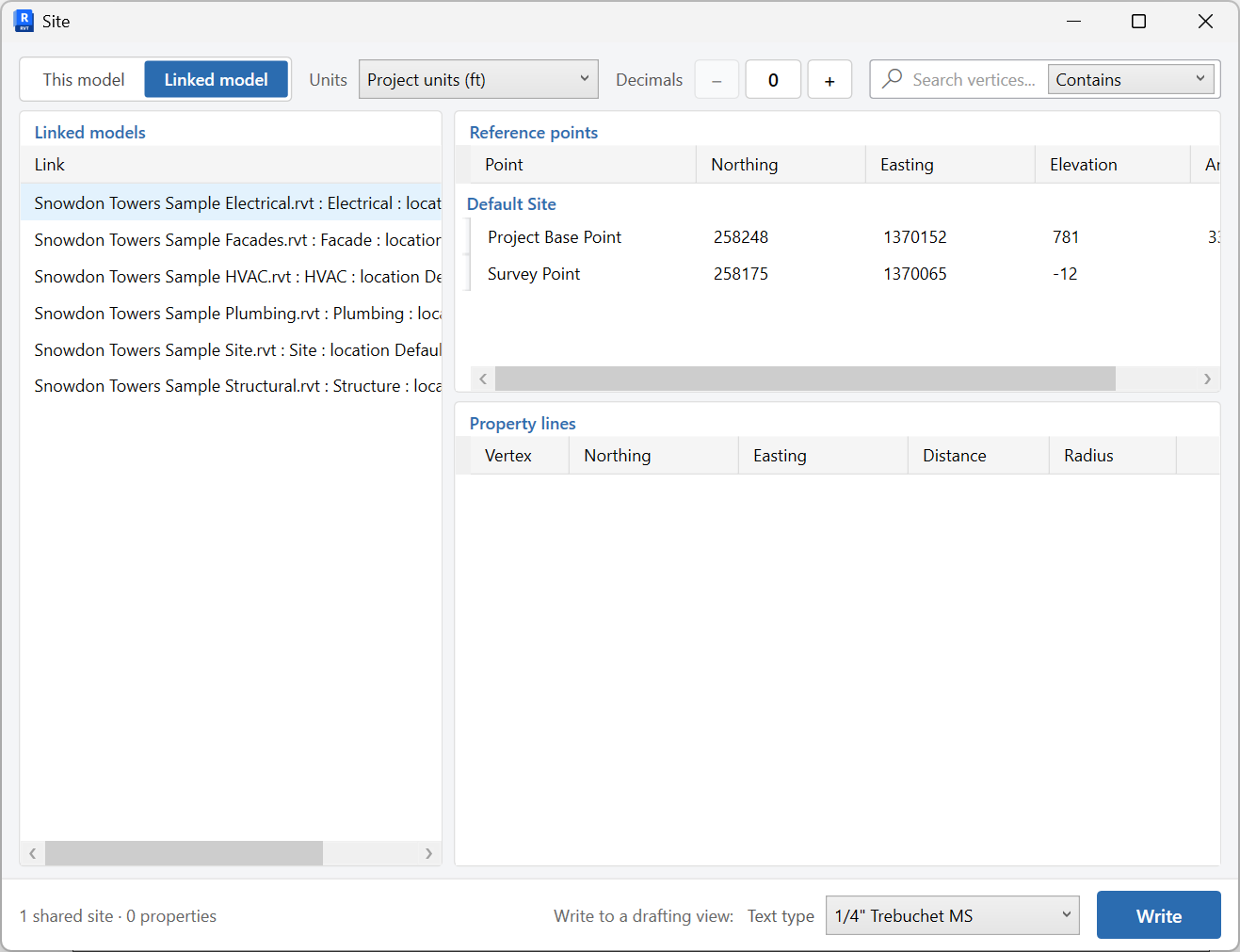 Site window reporting coordinates from a linked model