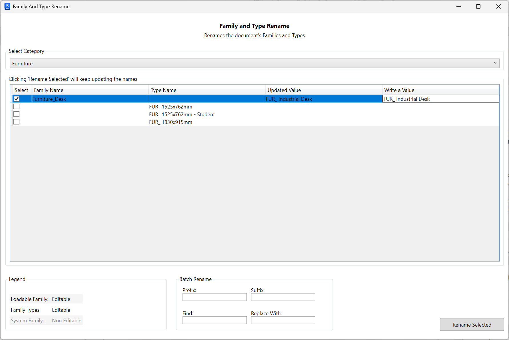 Direct edit of a single type name in the Write a Value column