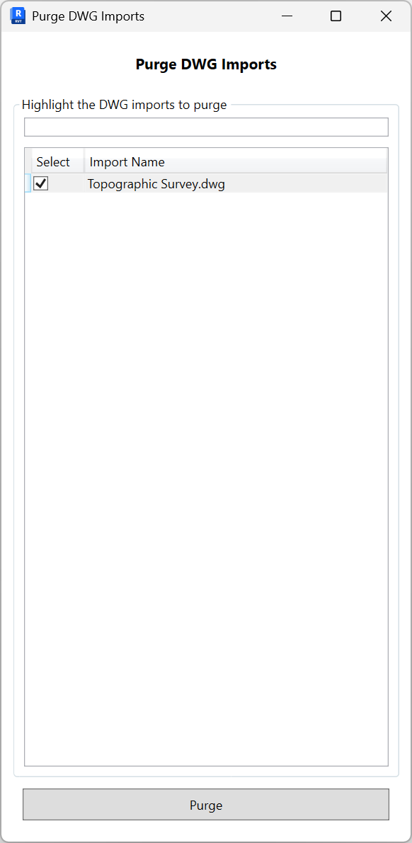 Purge DWG Imports dialog with a search box, a checklist of imported DWG files, and a Purge button