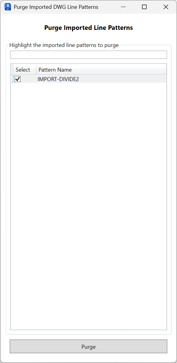 Purge Imported DWG Line Patterns dialog with a search box, a checklist of imported line patterns, and a Purge button