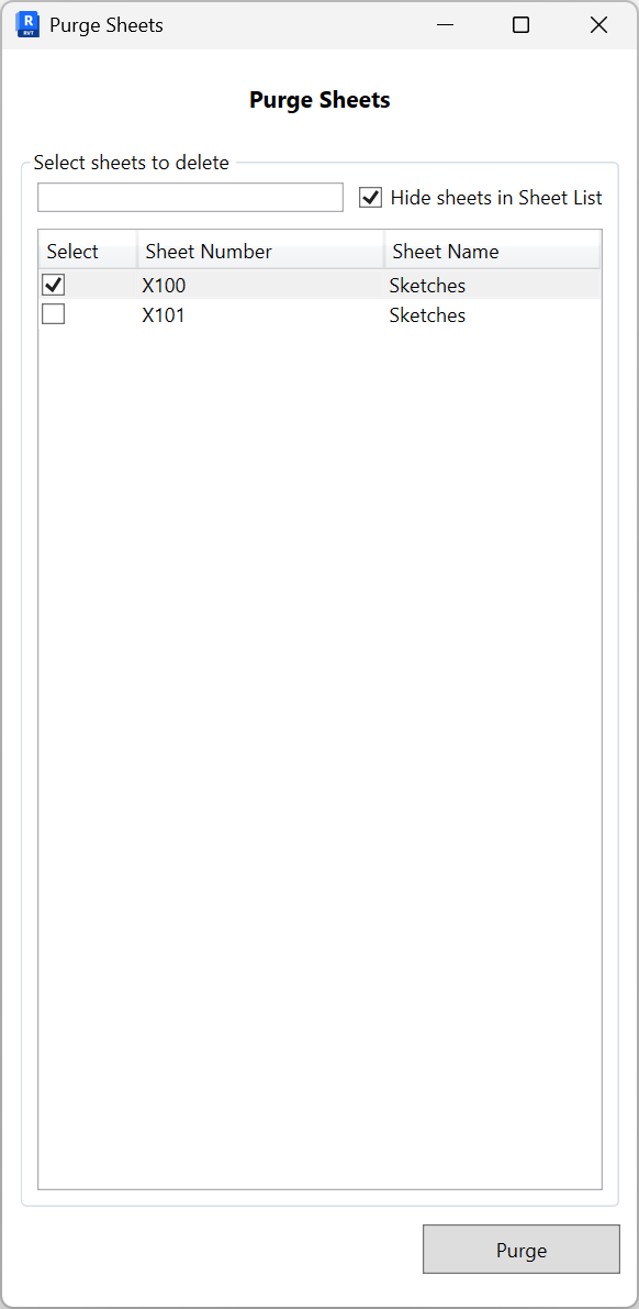 Purge Sheets with no rows selected; Purge button disabled