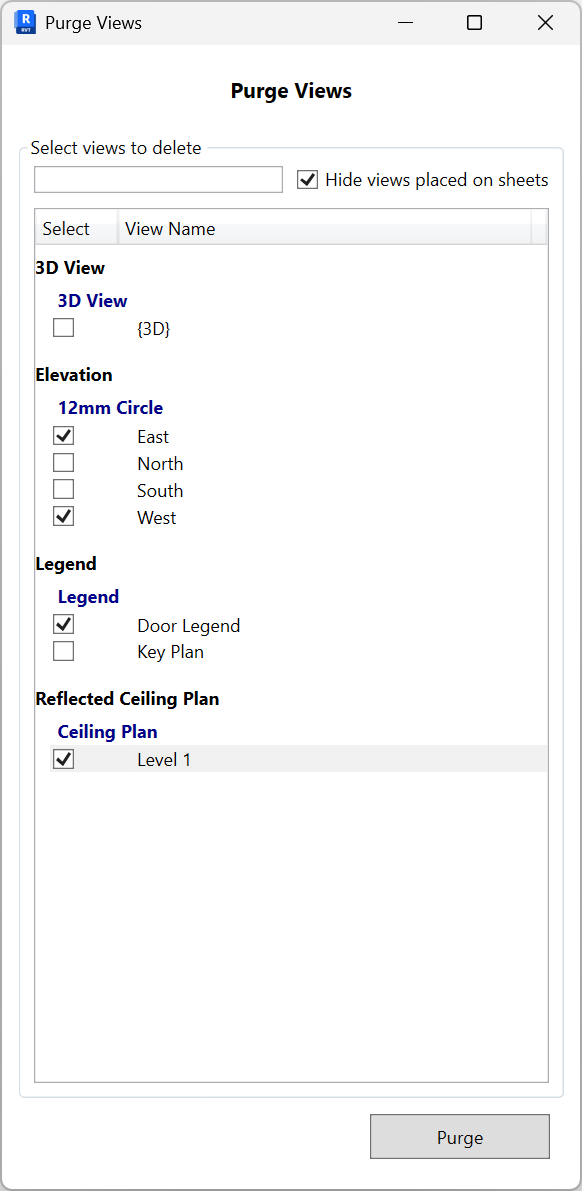 Purge Views with no views selected; Purge button disabled