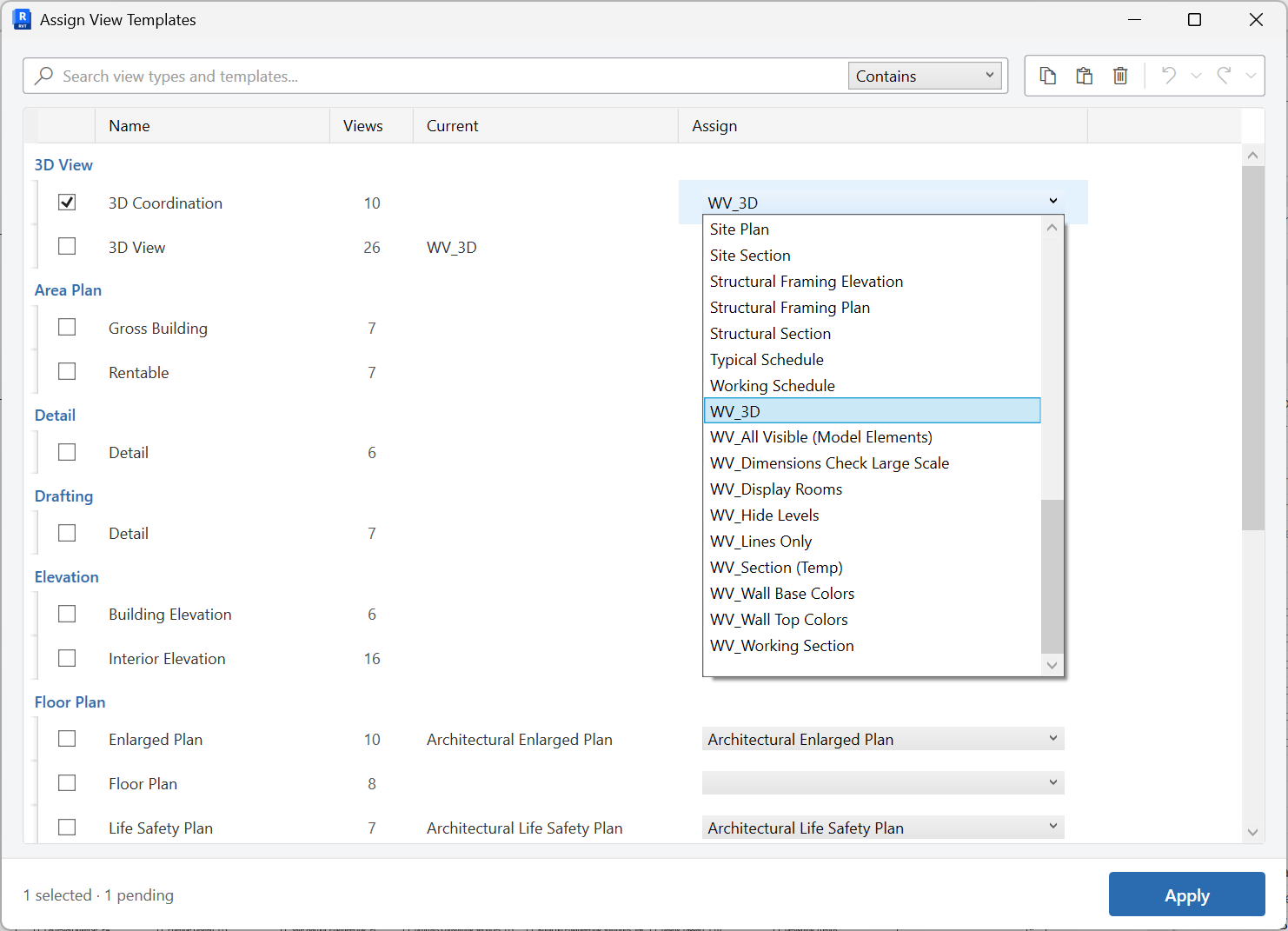 Assign View Templates grid mapping templates to view types