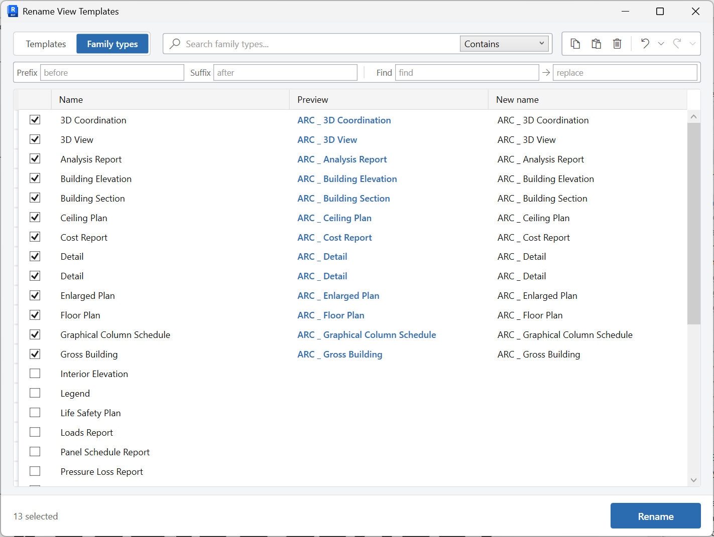 Rename View Templates grid for view family types