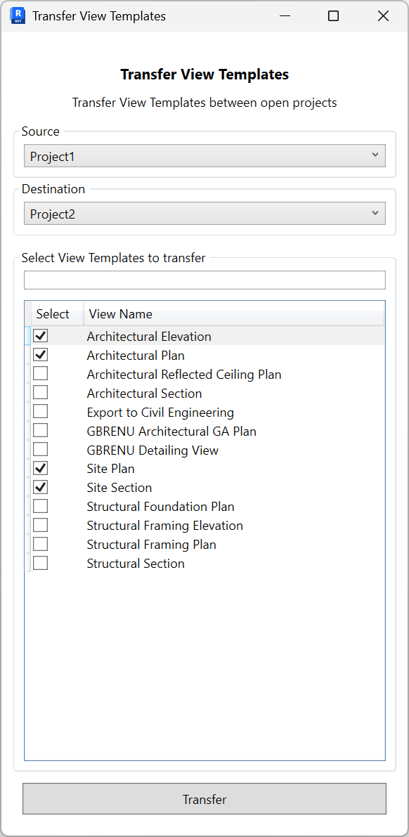 Transfer View Templates page showing Source and Destination dropdowns, a checklist of view template names (Architectural Elevation, Architectural Plan, Site Plan, etc.), and a Transfer button