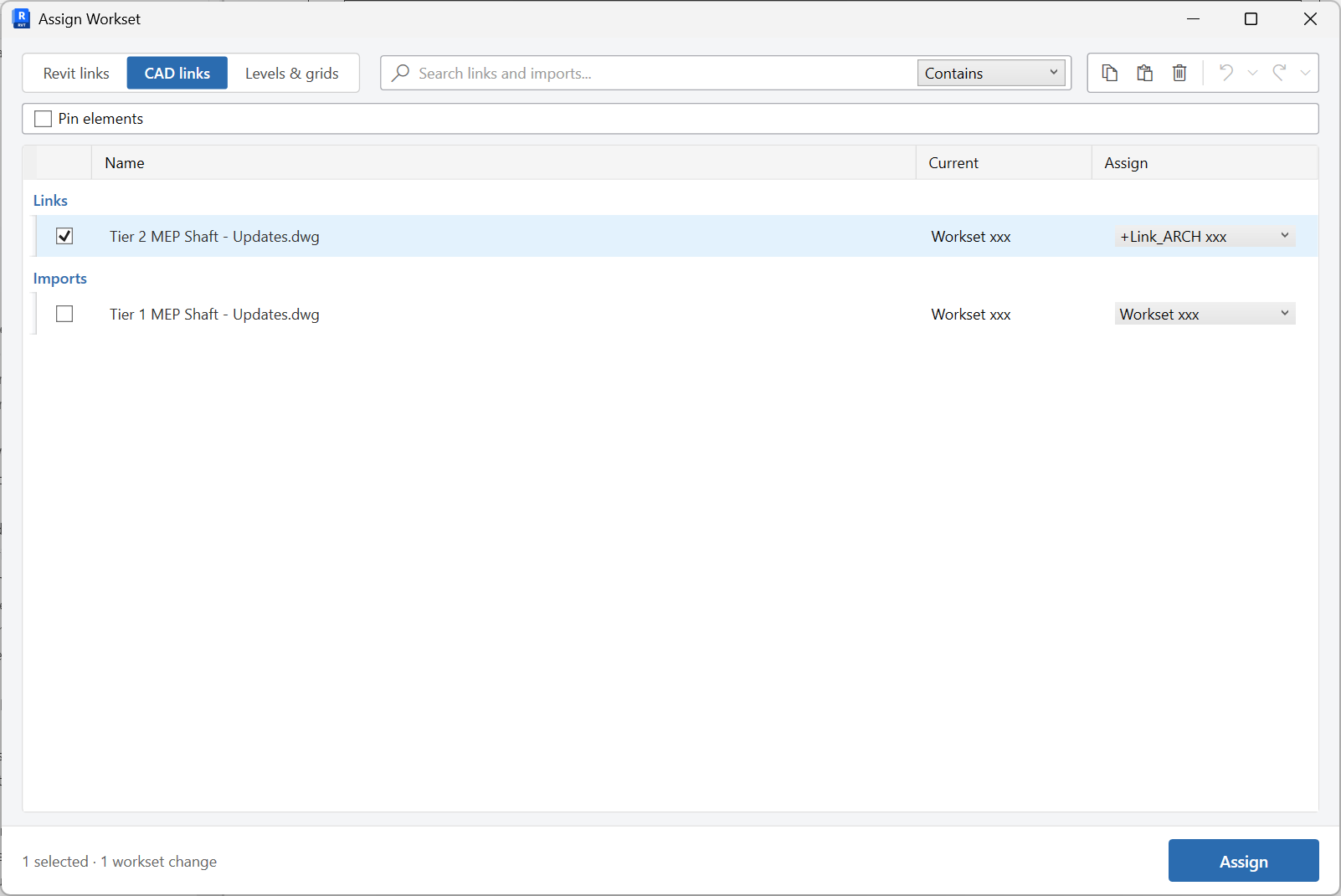Assign Worksets window on the CAD links tab