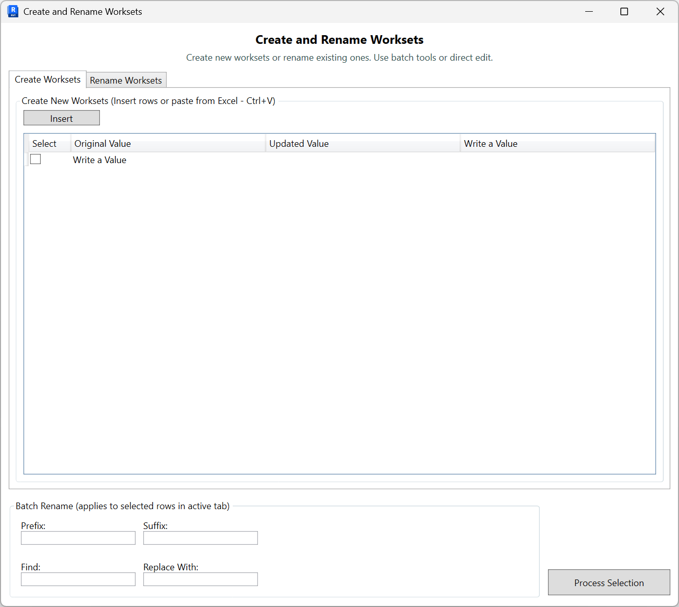 Create Worksets tab right after Insert showing an empty row ready for a new workset name