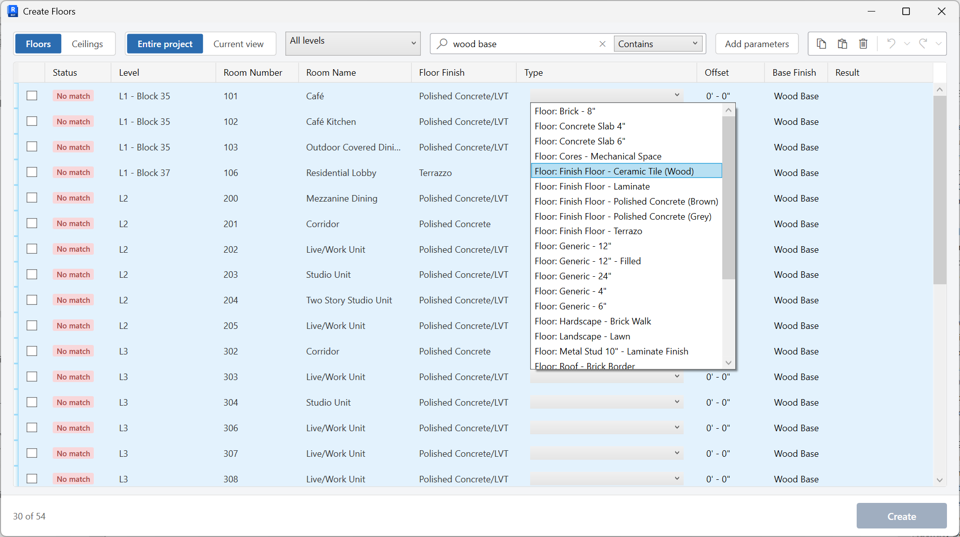 Create Components window matching room finishes to floor or ceiling types