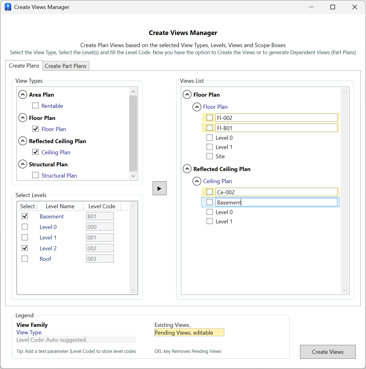Create Part Plans tab: Views List with Floor Plan Level 0, Scope Boxes Part 1 and Part 2 selected, right-side pending entries 'Level 0 - Part 1' and 'Level 0 - Part 2' editable in yellow, Create Views button