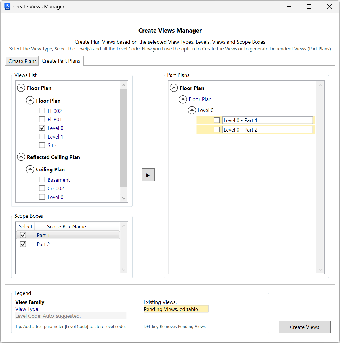 Create Plans tab: View Types checked (Floor Plan, Ceiling Plan), Select Levels with codes (B01, 000, 001, 002, 003), Views List showing yellow pending names under Floor Plan and Ceiling Plan, Create Views button