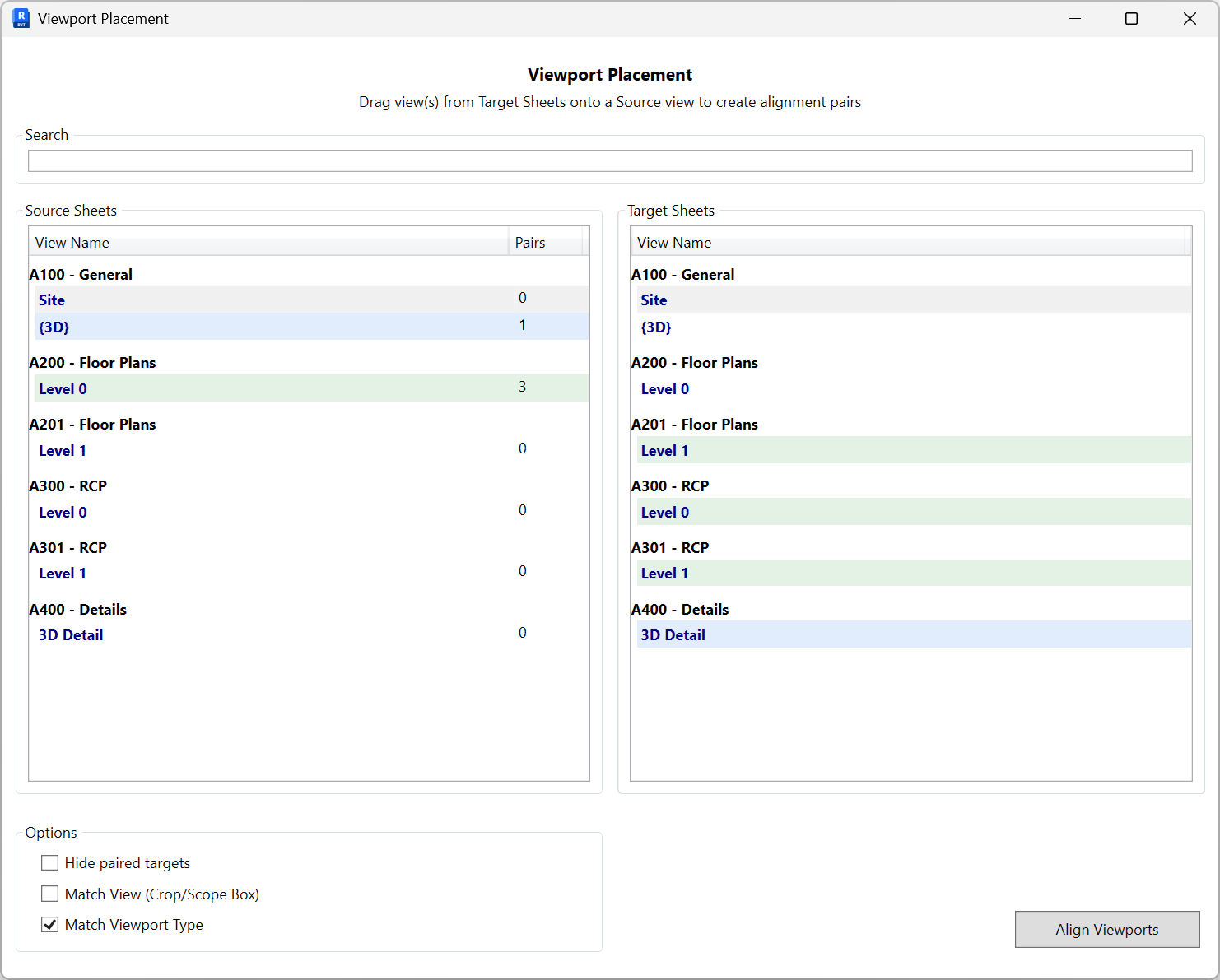 Viewport Placement: two lists for Source Sheets and Target Sheets with draggable views, a search box, options for Hide paired targets, Match View (Crop/Scope Box), Match Viewport Type, and an Align Viewports button