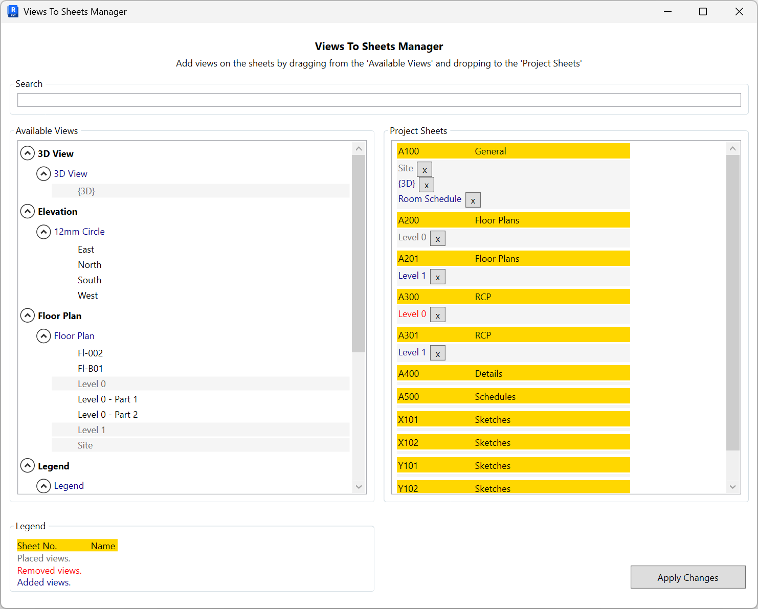 Views To Sheets Manager showing Available Views on the left and Project Sheets on the right with view pills under each sheet; legend for sheet rows (yellow), placed views (black), removed (red), and added (blue); Apply Changes button
