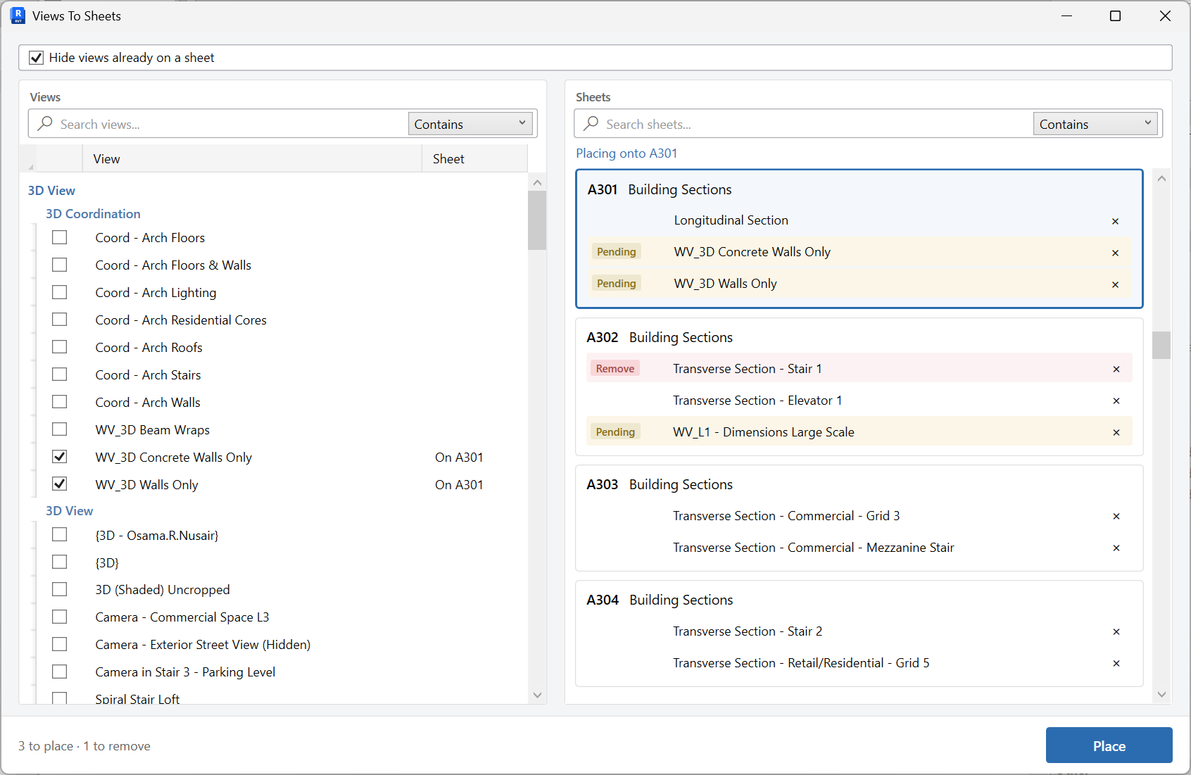 Views To Sheets two-pane workspace assigning views to sheets