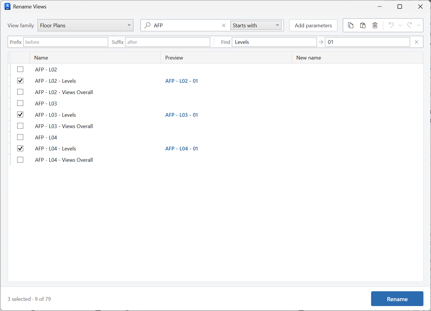 Rename Views grid with new names and optional parameter columns