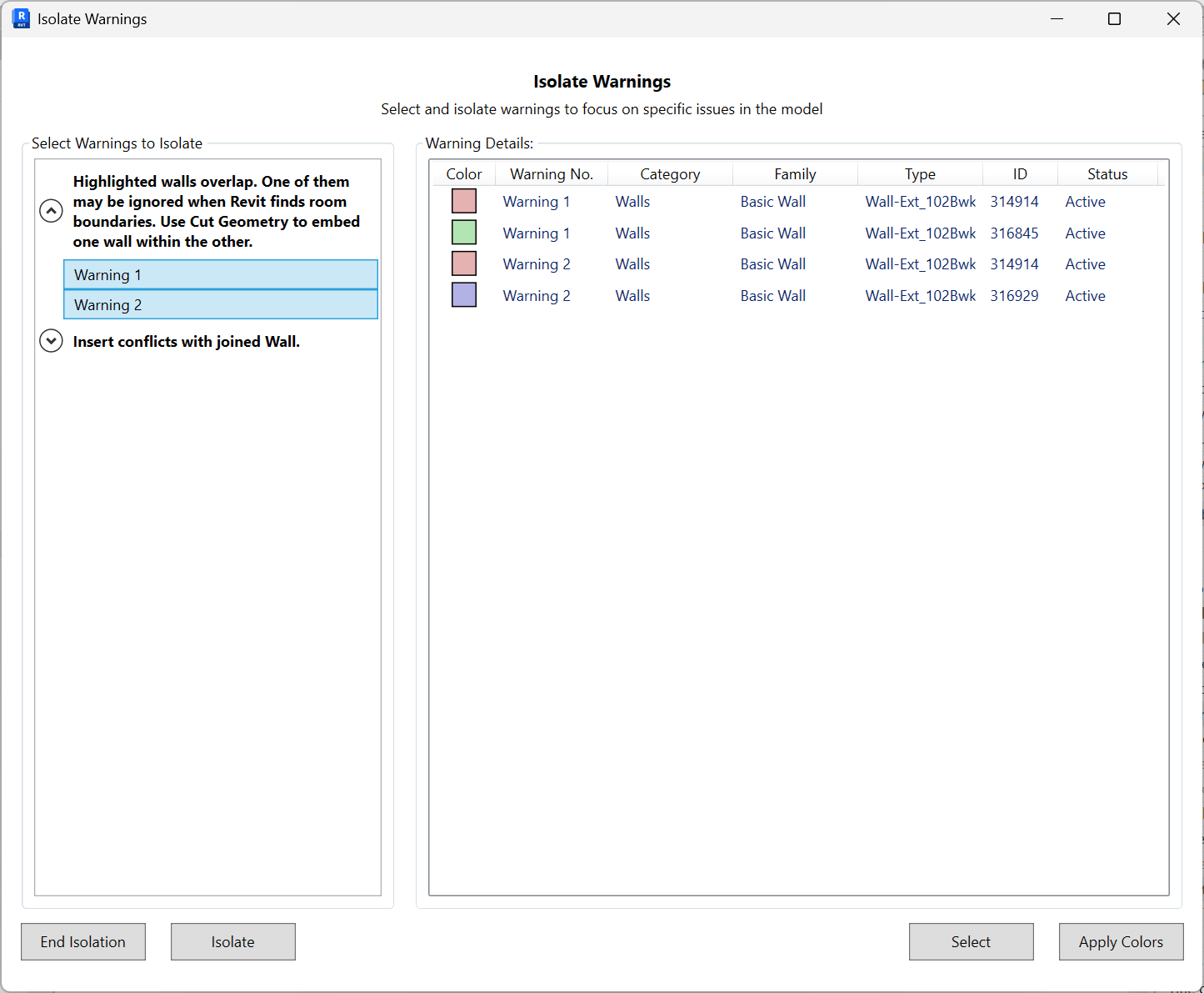Isolate Warnings window showing warning groups on the left and a details grid on the right with Color, Warning No., Category, Family, Type, ID, and Status (Resolved), plus End Isolation, Isolate, Select, and Apply Colors buttons