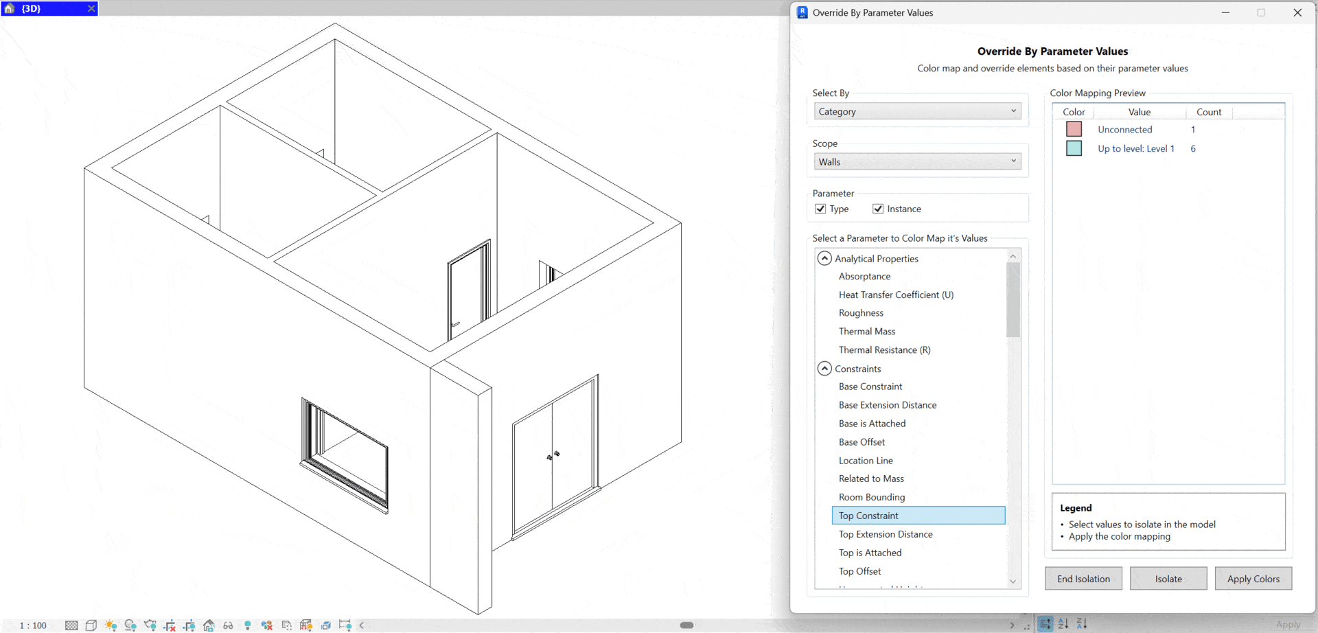 Override By Parameter Values: Select By and Scope on the left, Type/Instance options, parameter list (e.g., Top Constraint), and a Color Mapping Preview showing value buckets with counts; actions End Isolation, Isolate, and Apply Colors